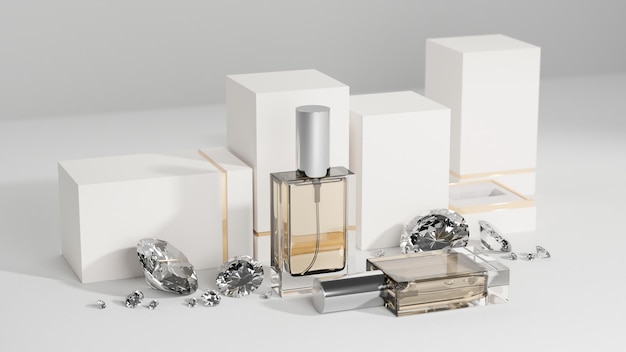 Luxuriöse feminine Parfümflasche mit weißem Podium und Diamanten auf weißem Hintergrund 3D-Rendering