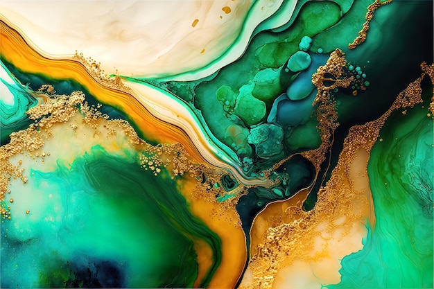 Luxuriöse flüssige Kunst in goldblauer und grüner Meeresfarbe Scheidungen und Wellen mischen Farben