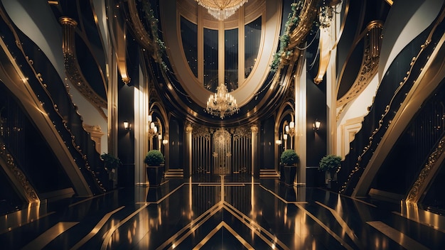 Luxuriöse futuristische Lobby mit schwarzem Goldkonzept-Hintergrund. Generative KI