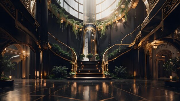 Luxuriöse futuristische Lobby mit schwarzem Goldkonzept-Hintergrund. Generative KI