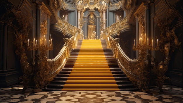 Luxuriöse gelbe goldene Treppe mit gelbem Teppich