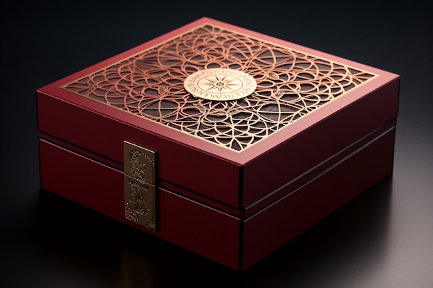 Luxuriöse Geschenkbox in Schwarz und Rot mit goldenem Band und Blumenmotiven