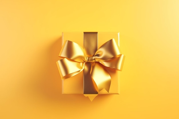 Luxuriöse Geschenkbox mit goldenem Satinband und Schleife auf gelbem Hintergrund. Generative KI