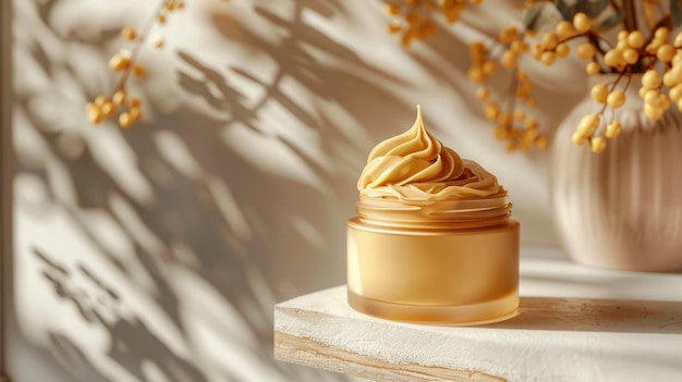 Luxuriöse goldene Creme in einem eleganten Glas, umgeben von weichen Blumenakzenten