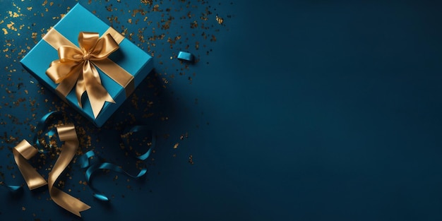 Luxuriöse goldene Geschenkbox mit Schleife auf blauem Hintergrund