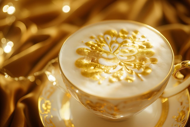 Luxuriöse goldene Latte-Kunst auf einem eleganten Porzellanbecher