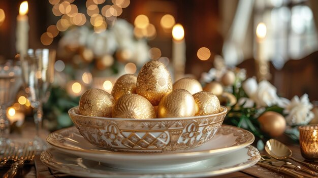 Luxuriöse goldene Ostereier auf einem geschmückten Tisch
