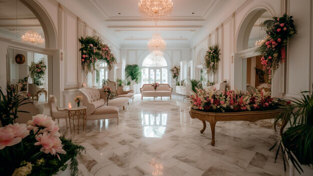 Luxuriöse Hochzeitssaal-Sitzung in klassischen weißen Farben, Bananenblättern, rosa Rosen, Wandlampen, Tisch, Sofa, generative KI