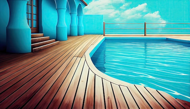 Luxuriöse Holzterrasse am Swimmingpool Holzarchitektur Abstrakte generative KI-Illustration
