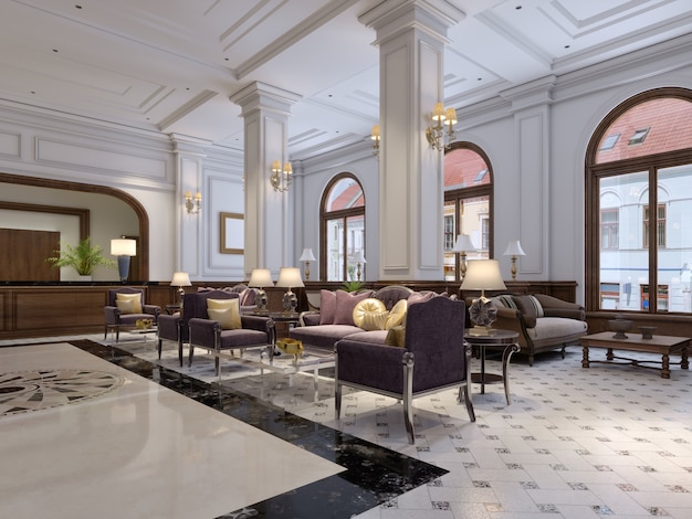 Luxuriöse Hotellobby im viktorianischen Stil. 3D-Rendering