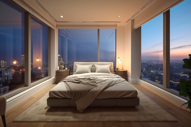 Luxuriöse Hotelzimmer mit französischem Panoramafenster. AI-Technologie generiertes Bild