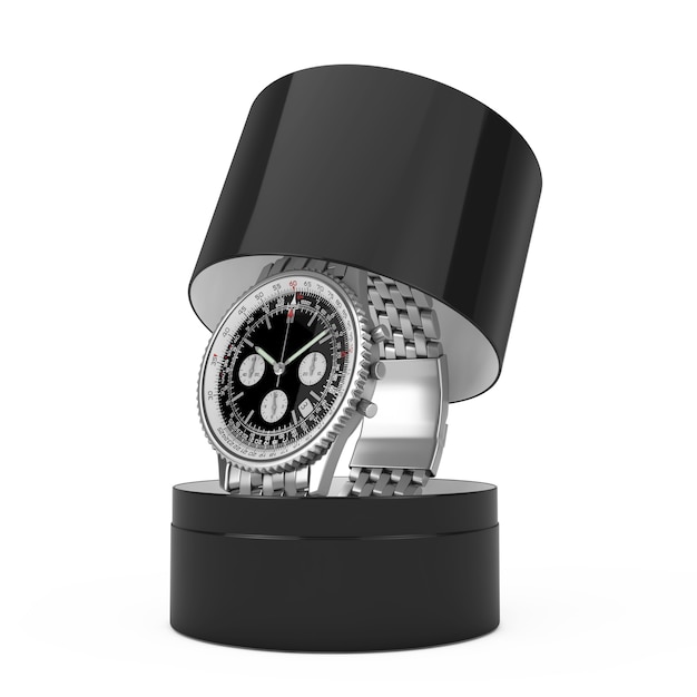 Luxuriöse klassische analoge Herren-Armbanduhr in Silber mit Geschenkbox auf weißem Hintergrund. 3D-Rendering
