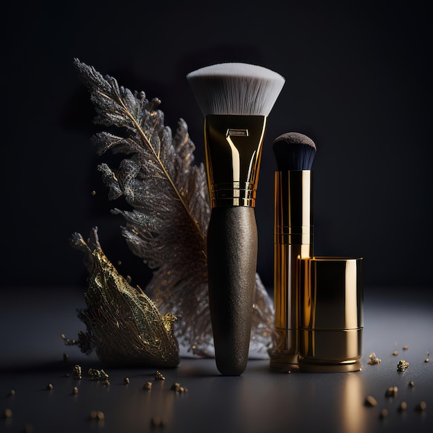 Foto luxuriöse kosmetika mit goldenen details auf dunklem hintergrund