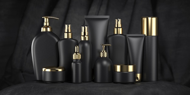 Luxuriöse Kosmetikprodukte in schwarz-goldenen Verpackungen und Flaschen auf schwarzem Samthintergrund