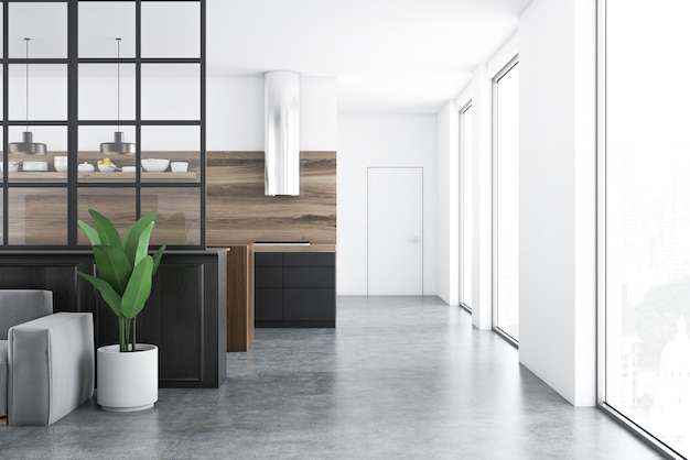 Luxuriöse Kücheneinrichtung mit weißen Wänden, Betonboden, schwarzen Arbeitsplatten und einer weißen Tür. 3D-Rendering-Attrappe