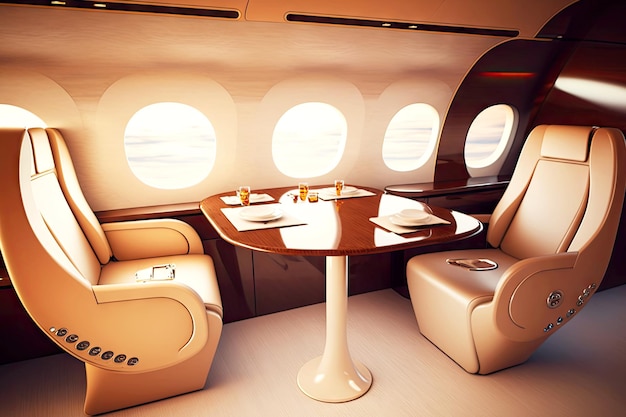 Luxuriöse Ledersessel und -tisch im generativen AI von Business-Jet-Flugzeugen