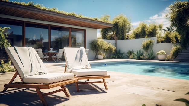 Luxuriöse Liegen am Pool in einem tropischen Resort mit Palmen und einem ruhigen Schwimmbad