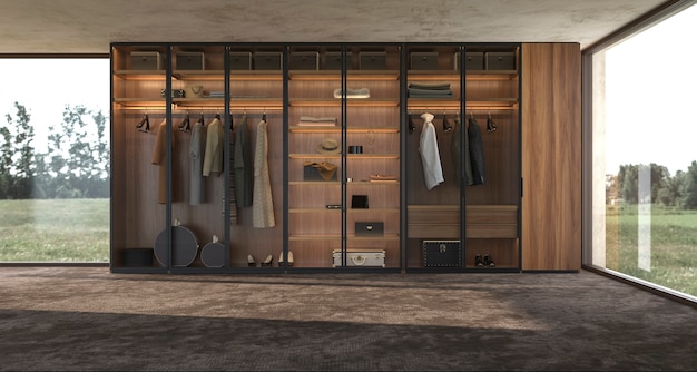 Luxuriöse moderne Innenarchitektur großer Holzschrank mit Kleidung 3D-Rendering-Illustration