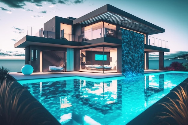 Luxuriöse moderne Villa mit Pool 3D-Rendering