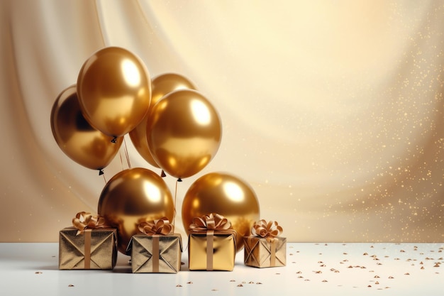 Luxuriöse Neujahrsfeier 2024 mit goldenen Ballons und Geschenken