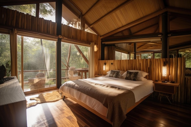Luxuriöse Öko-Lodge, umgeben von natürlicher Schönheit und Tierwelt, geschaffen mit generativer KI