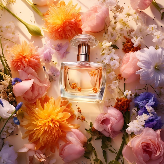 Foto luxuriöse parfüm- oder cremetiegelflasche, umgeben von orchideenpfingstrosen oder anderen blumencremes auf dem stand ai