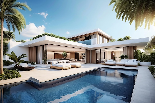 Luxuriöse Poolvilla, spektakuläres zeitgenössisches Design, digitale Kunst, Immobilien, Haus und Grundstück