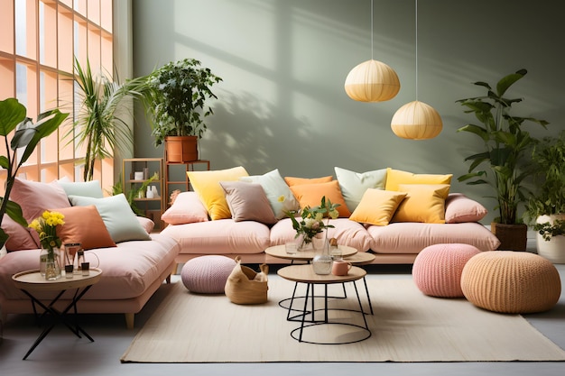 Luxuriöse rosa und grüne pastellfarbene Wandfarbe im Wohnzimmer für Innenarchitektur Zuhause und Hotel colorfu