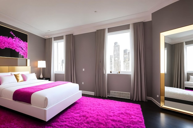 Luxuriöse Schlafzimmereinrichtung in lila Farbe, niemand drinnen