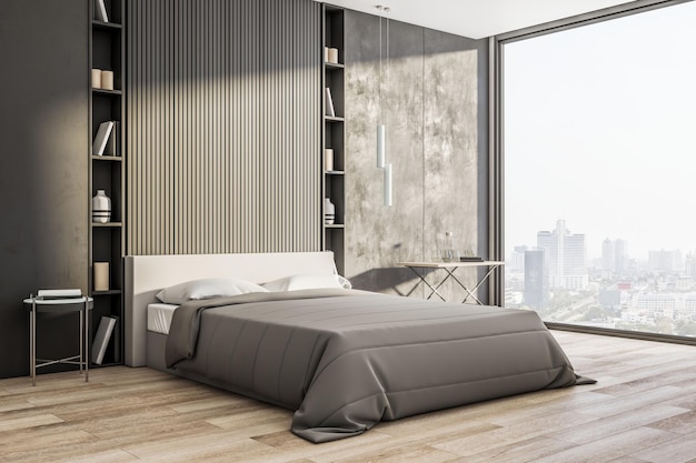 Luxuriöse Schlafzimmereinrichtung mit Möbelregalen und Panoramafenster mit Blick auf die Stadt Design- und Stilkonzept 3D-Rendering
