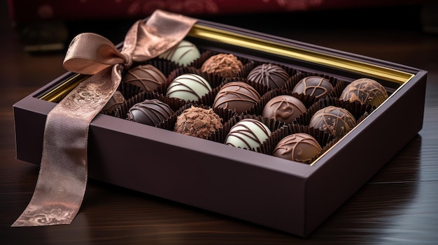 Foto luxuriöse schokoladenkisten mit satinband auf dunklem hintergrund