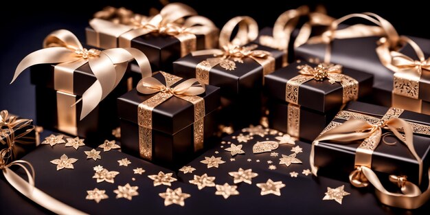 Luxuriöse schwarze Geschenkboxen mit goldenem Schleifenkonzept für Feiertage Generative KI