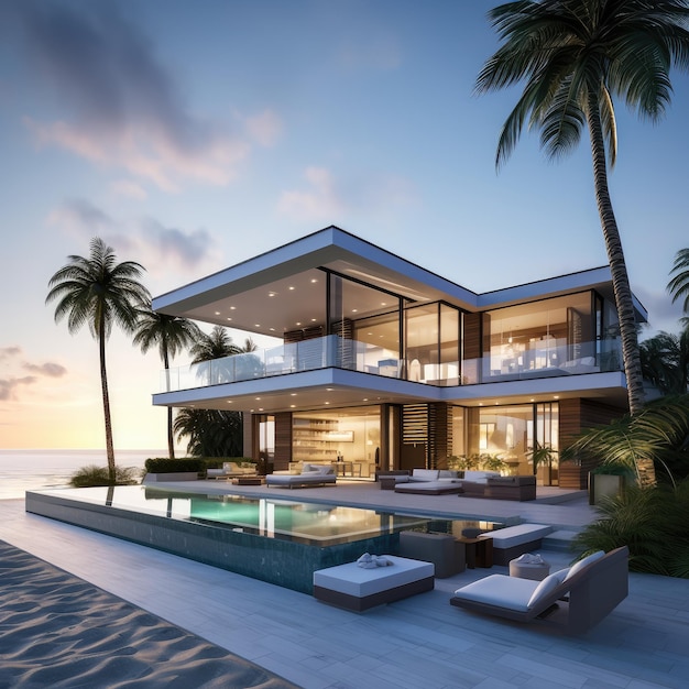 Luxuriöse Strandvilla mit Palmen und Blick auf den Sonnenuntergang