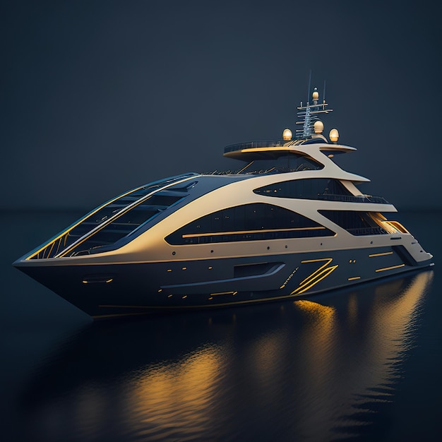 Foto luxuriöse super goldene yacht mit modernem design auf dem ozean mit sonnenuntergang