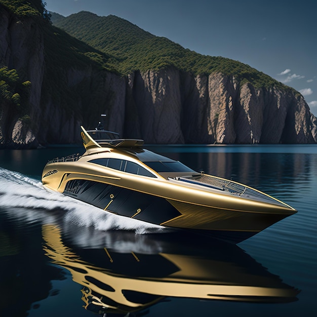 Luxuriöse Superyacht mit modernem Design auf dem Ozean mit Sonnenuntergang