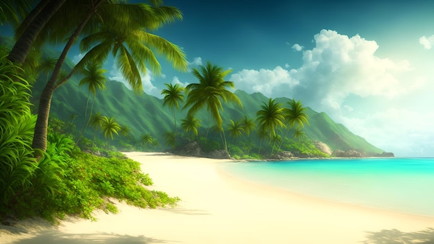 Luxuriöse tropische Landschaft mit einem Strand am Meer am Morgen bei Sonnenaufgang Generation AI