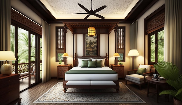 Luxuriöse tropische Schlafzimmersuite im Innenarchitekturkonzept des Resorthotelgebäudes