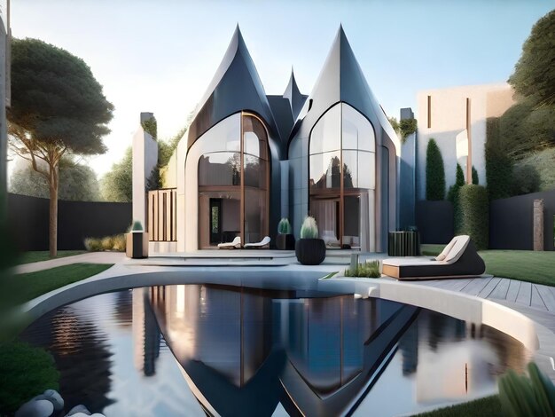 Luxuriöser Architekturstil eines Hausschlosses mit Pool für Kreation und Design