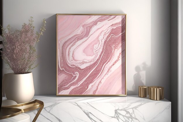 Luxuriöser Bilderrahmen mit experimenteller Kunst aus rosa Marmor an der Wand