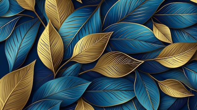 Luxuriöser blauer Hintergrund mit goldenen Metallblättern. Generative KI