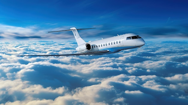 Luxuriöser Design-Privatjet, der über den Wolken bei mittlerem Mond fliegt. Eine professionelle Fotografie sollte eine hochwertige generative KI verwenden