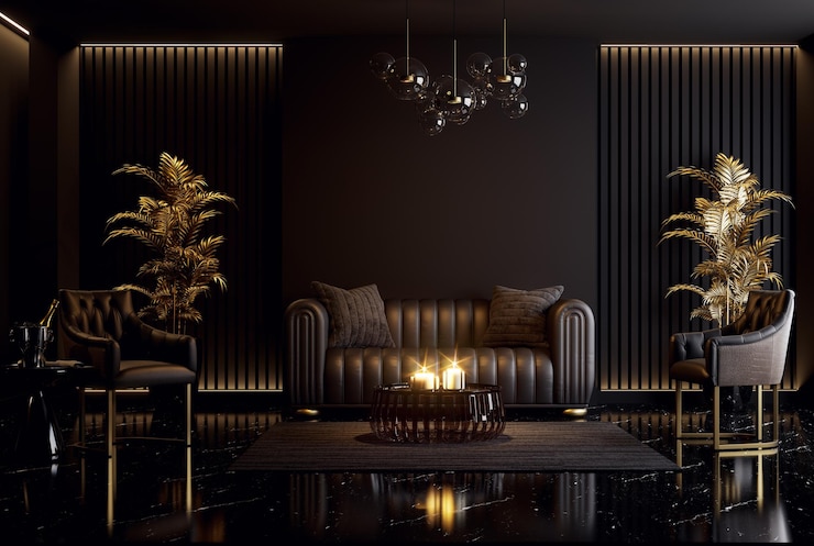 Foto luxuriöser eleganter schwarzer wohnzimmer-interieur im klassischen stil, 3d-rendering. es gibt schwarze marmorböden, schwarze ledermöbel, die mit goldener palme verziert sind