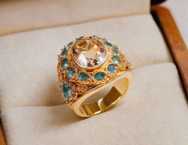 Luxuriöser goldener Ring auf einem Felt-Schmuck-Display, der von KI generiert wurde