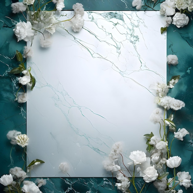 Luxuriöser grün-weißer Marmorhintergrund mit goldenem Rahmen und weißen Blumen