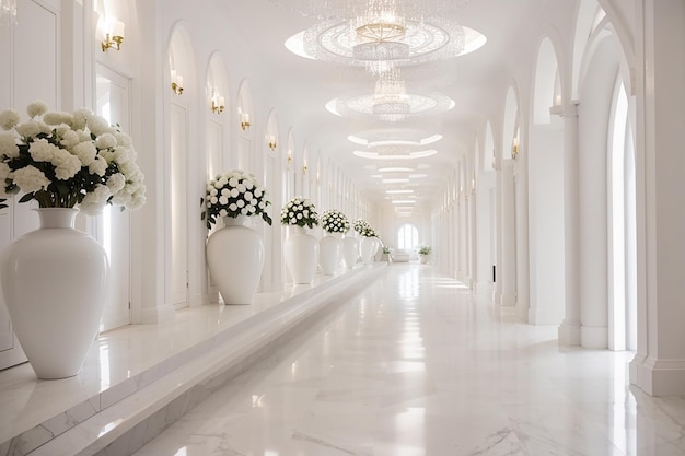 Luxuriöser langer Korridor mit weißer Treppe