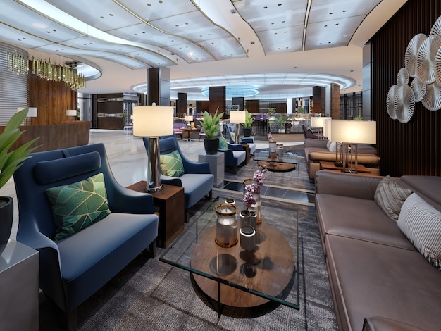 Luxuriöser Lounge-Eingangsbereich im Hotel mit Ledersofa und Stoffsessel. weiße Designer-Schränke mit Blumentopf und dekorativen Holzbrettern an den Wänden mit Dekor. 3D-Rendering