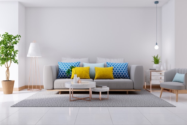 Luxuriöser moderner Innenraum des Wohnzimmers, des grauen Sofas auf weißem Bodenbelag und der weißen Wand, Wiedergabe 3d