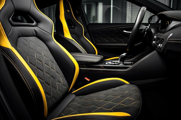 Luxuriöser, prestigeträchtiger Sportwagen-Innenraum. Schwarze Ledersitze mit gelben Nähten. Perforiertes Schwarz