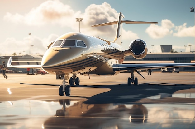 Foto luxuriöser privatjet am boden geparkt. generative ki