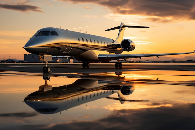 Luxuriöser Privatjet, der während des Sonnenuntergangs auf dem Asphalt geparkt ist, mit goldenen Reflexionen auf dem Flugzeugrumpf